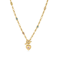 Large Tudor Locking Heart necklace in 18ct Yellow Gold with handmade chain and sapphires