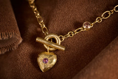 Large Tudor Locking Heart necklace in 18ct Yellow Gold with handmade chain and sapphires