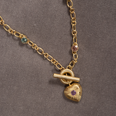 Large Tudor Locking Heart necklace in 18ct Yellow Gold with handmade chain and sapphires