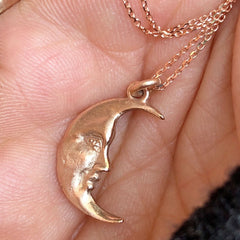 Solid Gold Moon charm with ethical diamond eye, La Luna Moonface solid gold necklace