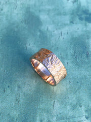 Solid gold bark texture hand made artisan wedding rings