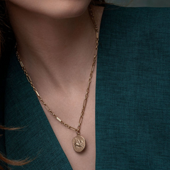 Gold necklace with a pegasus corinthian coin pendant worn by a person in a teal outfit