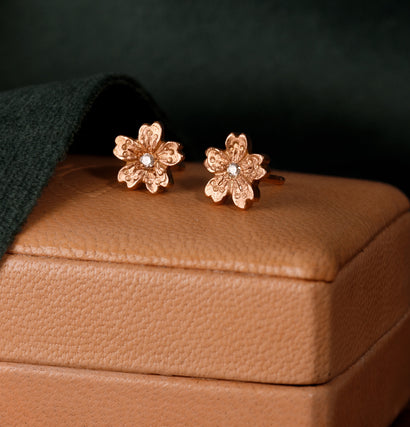 Cherry Blossom Earrings - Tiny Solid Gold Sakura Studs