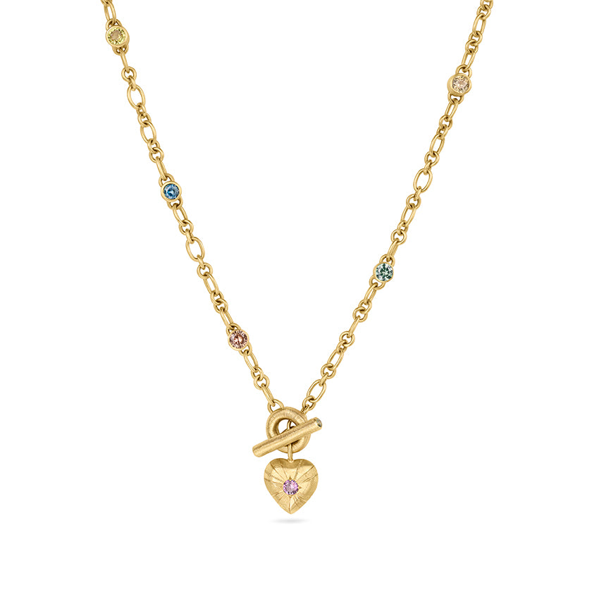 Large Tudor Locking Heart necklace in 18ct Yellow Gold with handmade chain and sapphires