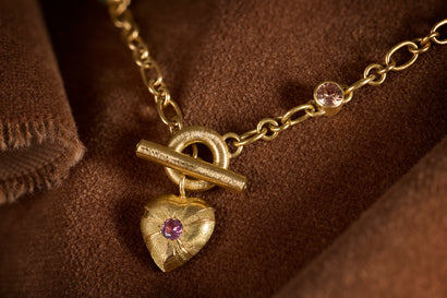 Large Tudor Locking Heart necklace in 18ct Yellow Gold with handmade chain and sapphires