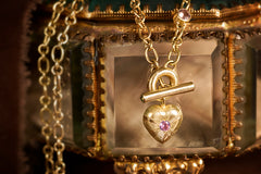 Large Tudor Locking Heart necklace in 18ct Yellow Gold with handmade chain and sapphires