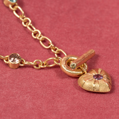 Large Tudor Locking Heart necklace in 18ct Yellow Gold with handmade chain and sapphires