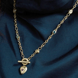Large Tudor Locking Heart necklace in 18ct Yellow Gold with handmade chain and sapphires