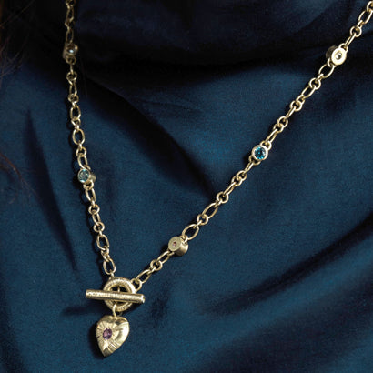 Large Tudor Locking Heart necklace in 18ct Yellow Gold with handmade chain and sapphires