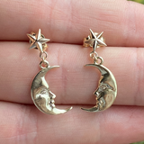 Solid Gold Star Studs with Dangling La Luna Moon