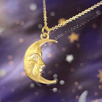 Solid Gold Moon charm with ethical diamond eye, La Luna Moonface solid gold necklace