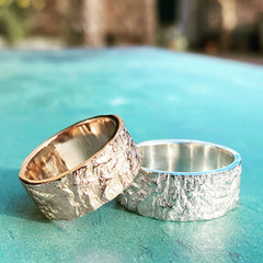 Solid gold bark texture hand made artisan wedding rings