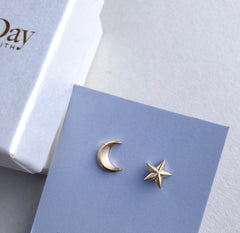 Solid Gold Star & Moon Studs